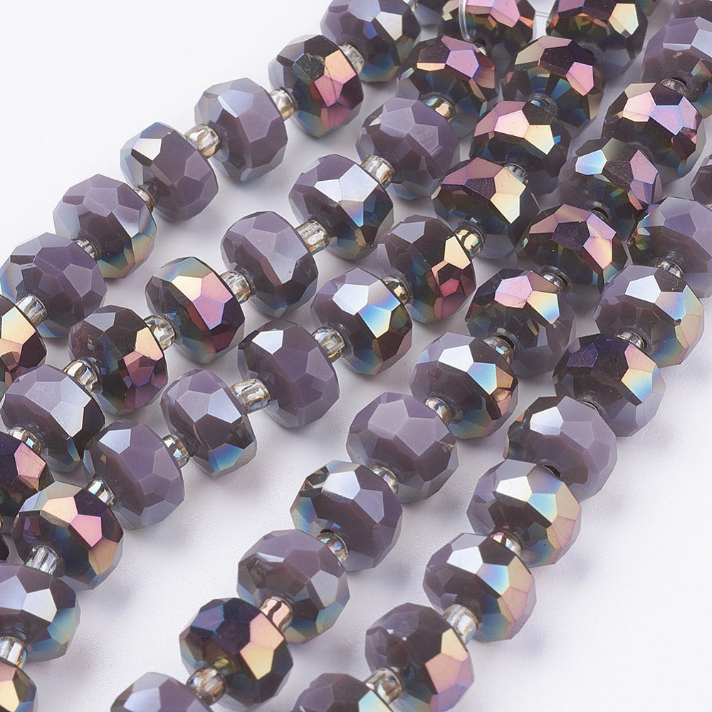 PandaHall Electroplate Opaque Glass Beads Strands, Half Rainbow Plated, Faceted, Flat Round, SlateBlue, 9~10mm, Hole: 1mm; about...