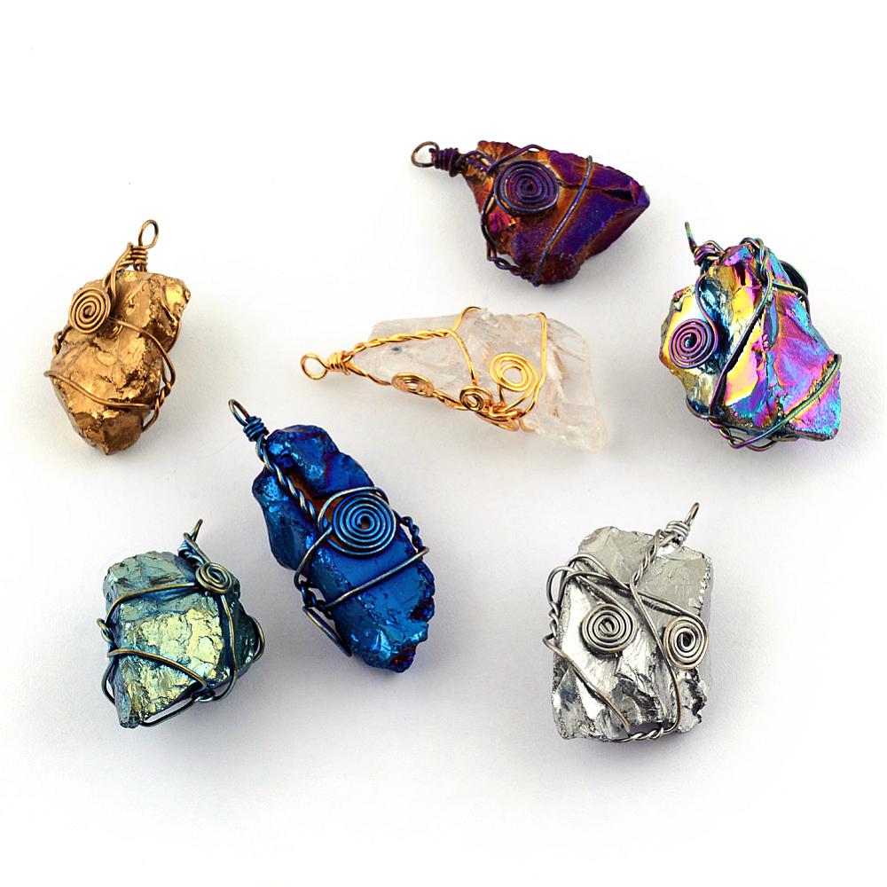 PandaHall Electroplate Natural Crystal Pendants, with Iron Wires, Wrap Pendants, Mixed Shaped, Mixed Metal Color, Mixed Color...