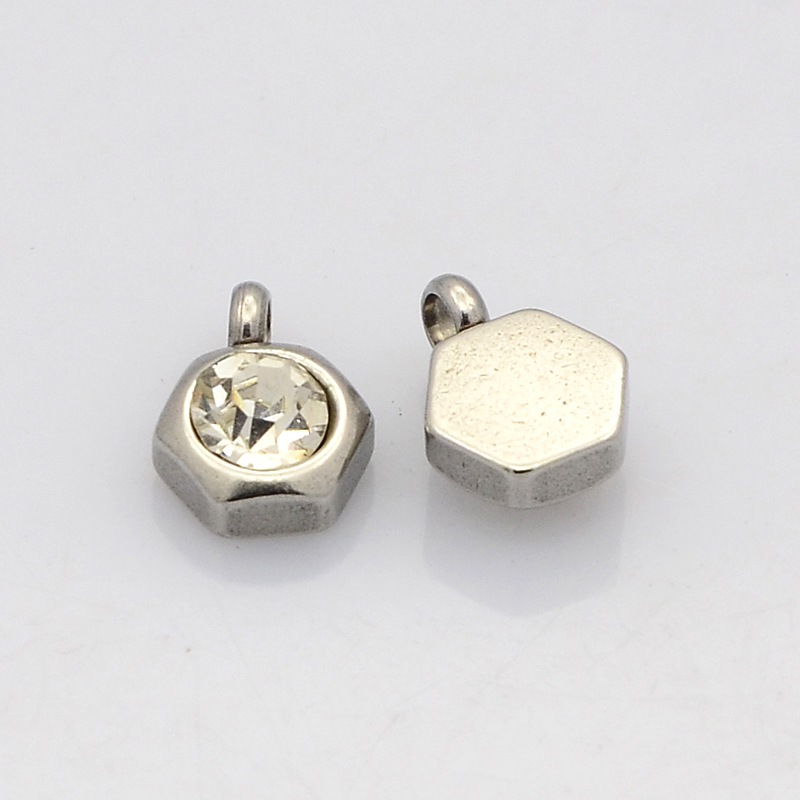 PandaHall Hexagon 304 Stainless Steel Faceted Grade A Rhinestone Charms Pendants, Stainless Steel Color, Crystal, 9x7x4mm, Hole: 1mm...
