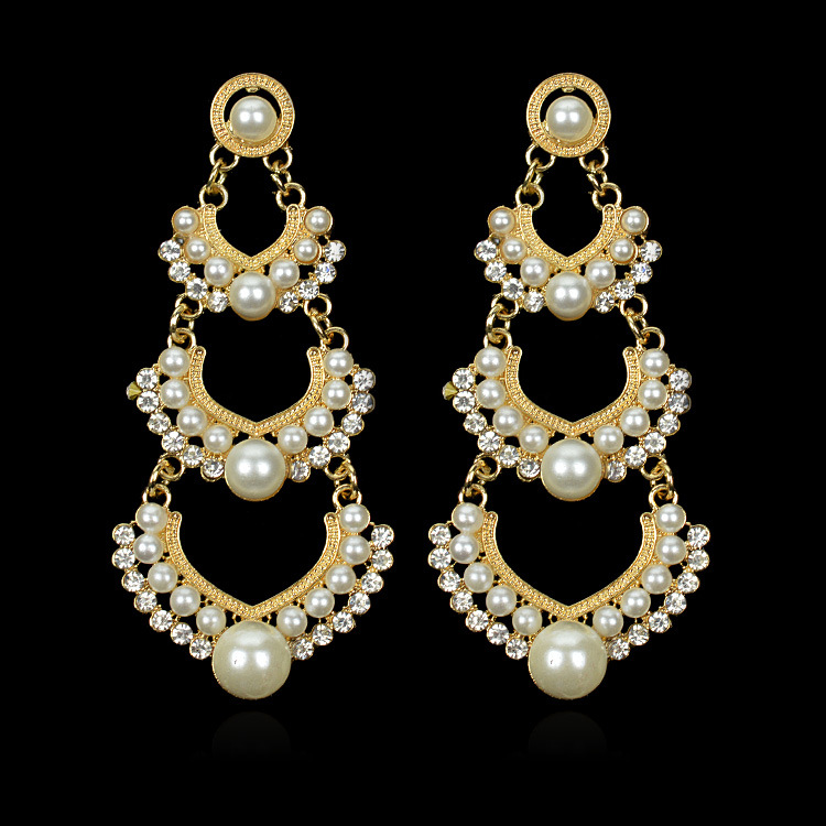 PandaHall Bridal Wedding Jewelry Brass ABS Pearl Ear Studs, with Rhinstone, Golden, White, 83x36x11mm; Pin: 0.9mm Rhinestone White