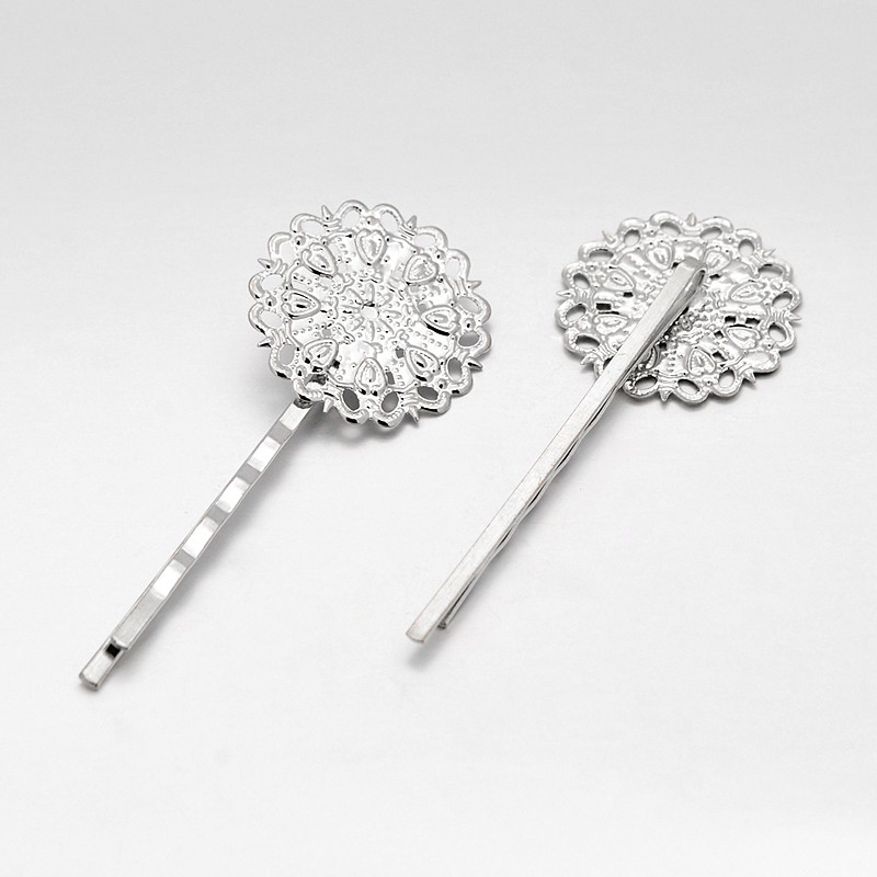 PandaHall Hair Accessories Iron Hair Bobby Pin Findings, with Filigree Flower Cabochon Bezel Settings, Platinum, Tray: 25mm; 63x25x5mm Iron
