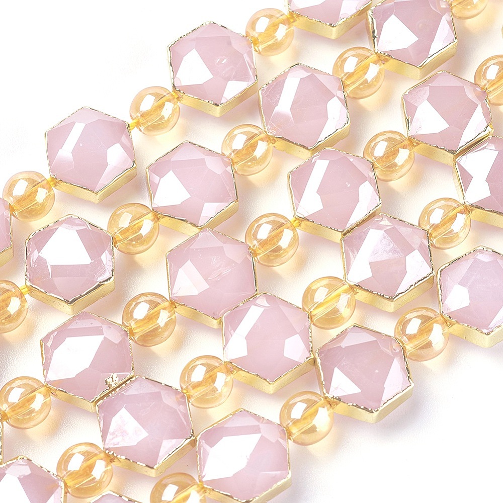 PandaHall Opaque Glass Beads Strands, with Golden Tone Brass Findings, Pearl Luster Plated, Faceted, Hexagon, LavenderBlush, 12x10.5x7~7.5mm...