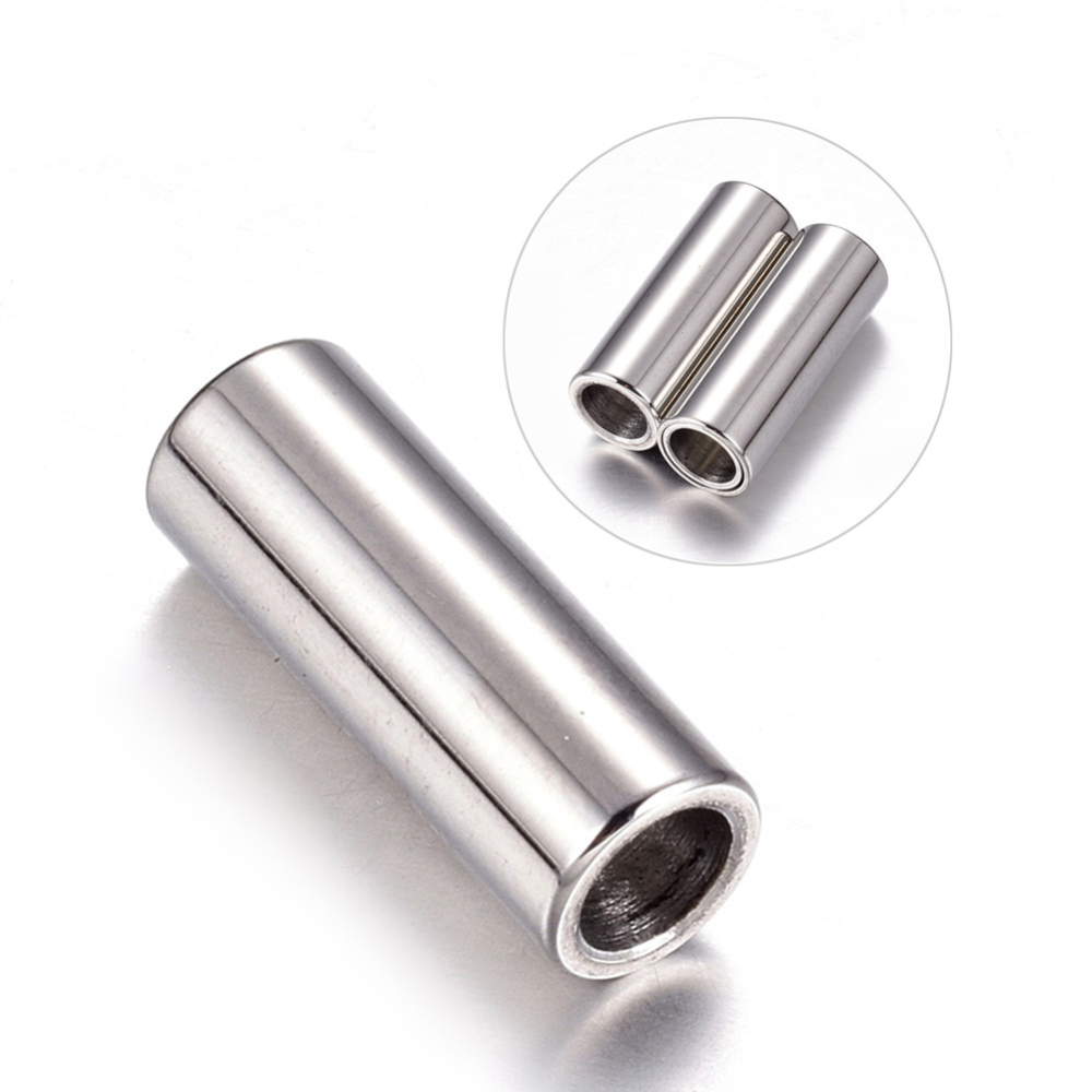 PandaHall 304 Stainless Steel Magnetic Clasps, Column, Stainless Steel Color, 16x6mm, Hole: 4mm Stainless Steel Column