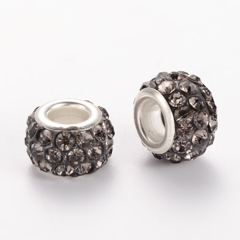 PandaHall Polymer Clay Rhinestone European Beads, Large Hole Rondelle Beads, with Platinum Plated Alloy Cores, Black Diamond, 10~12x7mm...