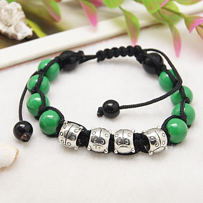 PandaHall Fashion Bracelets, with Baking Painted Glass Beads, Tibetan Style European Beads and Nylon Thread, Green, 60~90mm long Glass Green