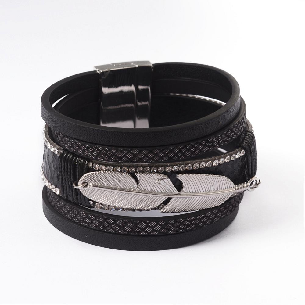 PandaHall Leather Multi-strand Bracelets, with Alloy Findings, Rhinestone and Magnetic Clasps, Black, 190x35x2mm Leather Black