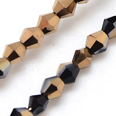 PandaHall Electroplate Glass Beads Strands, Half Copper Plated, Faceted, Bicone, DarkGoldenrod, 3x3mm, Hole: 1mm; about 150pcs/strand, 13.8"...
