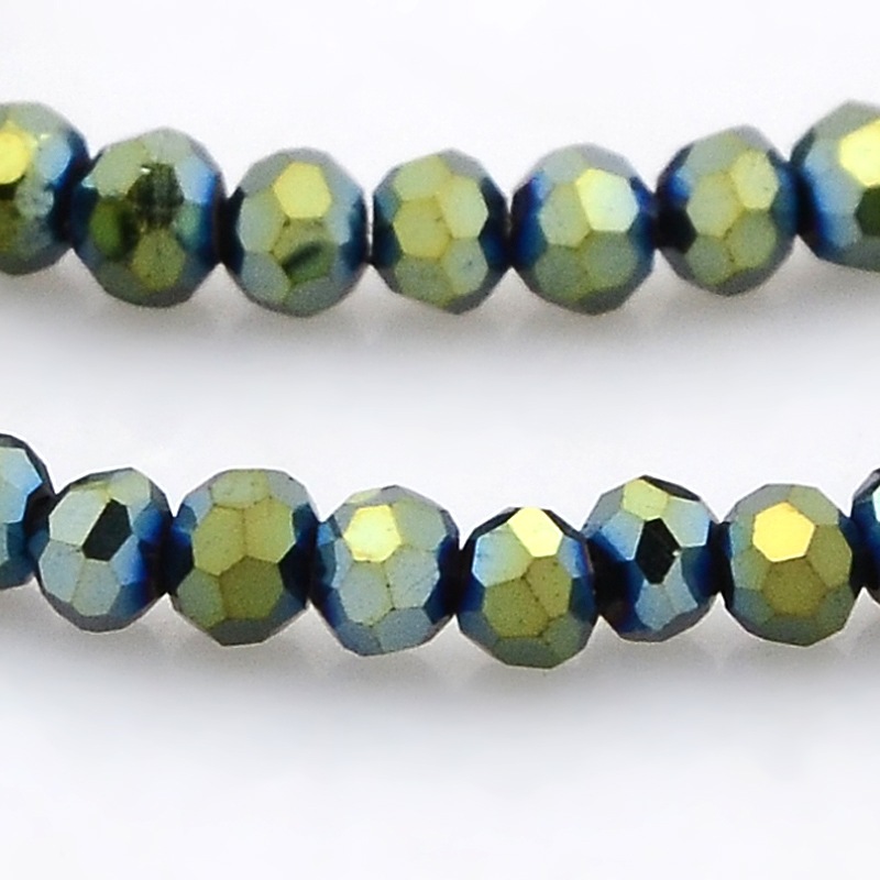 PandaHall Full Plated Glass Faceted Round Spacer Beads Strands, Green Plated, 3mm, Hole: 1mm; about 100pcs/strand, 11.5" Glass Round