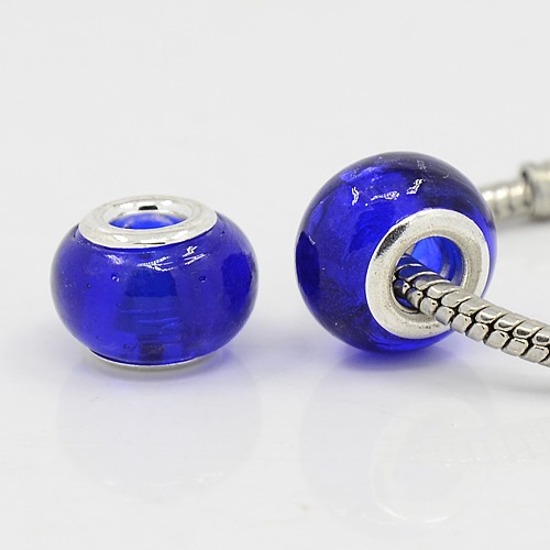 PandaHall Handmade Glass Lampwork European Beads, with Silver Plated Brass Core, Rondelle, DarkBlue, about 14mm wide, 10mm long, hole: 5mm...
