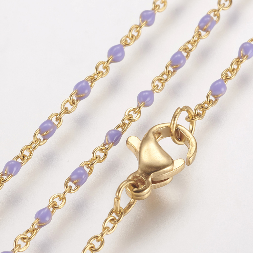 PandaHall 304 Stainless Steel Chain Necklaces, with Enamel, Golden, Lilac, 17.91"(45.5cm); 2mm Stainless Steel Purple