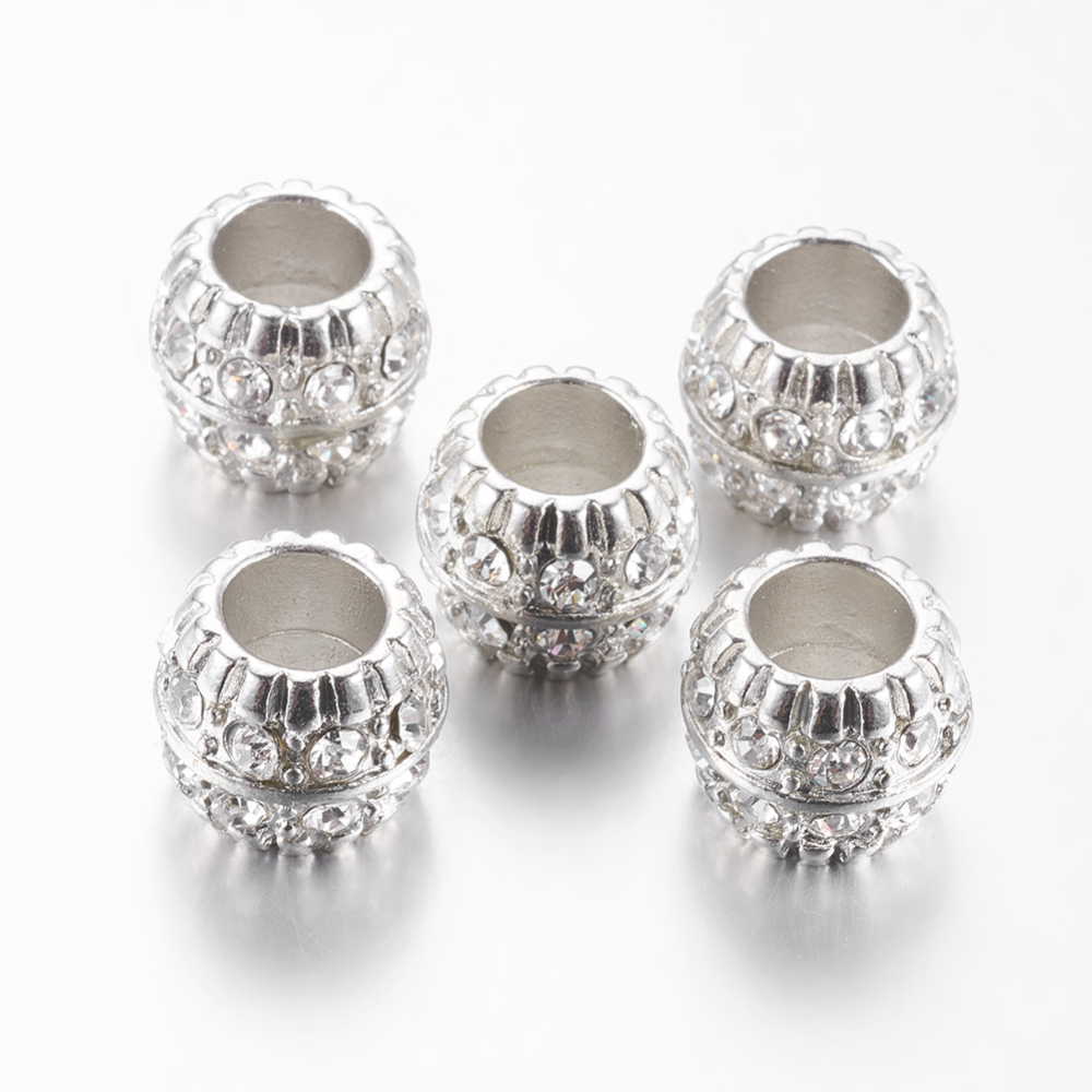 PandaHall Platinum Plated Alloy Crystal Rhinestone European Beads, Large Hole Drum Beads, 13~14x12mm, Hole: 6mm Rondelle