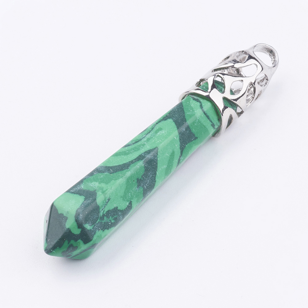 PandaHall 1PC DarkGreen Bullet Gemstone Synthetical Malachite Pencil Point Big Pendants, with Platinum Color Brass Findings, 58~66x11mm...