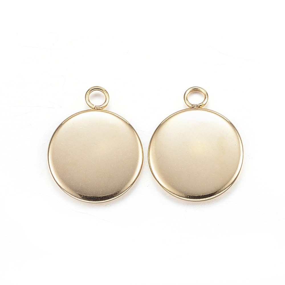 PandaHall 304 Stainless Steel Pendant Cabochon Settings, Flat Round, Golden, Tray: 10mm; 15x12x2mm, Hole: 2mm Stainless Steel Flat Round