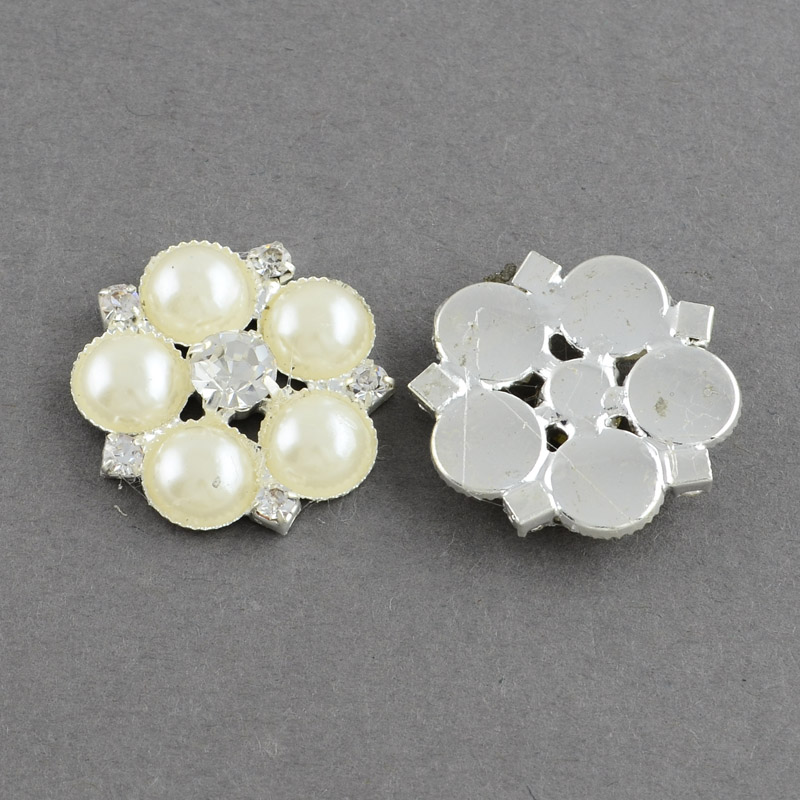 PandaHall Shining Flatback Flower Acrylic Pearl Cabochons, with Grade A Crystal Rhinestones and Brass Cabochon Settings, Silver Metal Color...