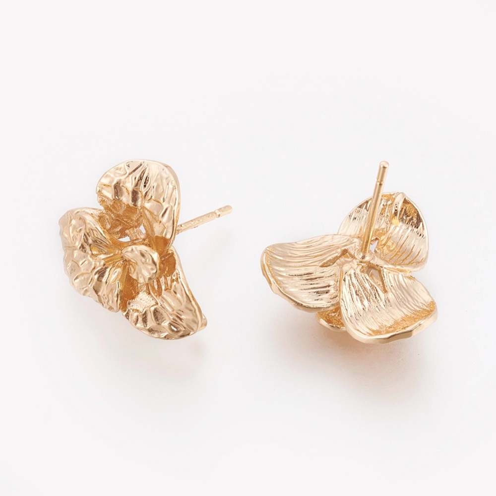 PandaHall Brass Stud Earring Findings, For Half Drilled Beads, Flower, Real Gold Plated, 16x17x6mm, Hole: 1.2mm; Pin: 0.8mm and 0.7mm Brass