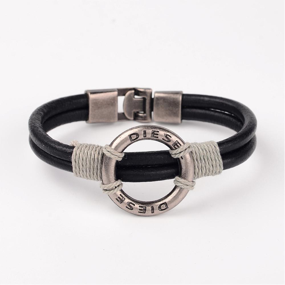PandaHall Hemp Cord Wrapped Leather Bracelets, with Alloy Linking Ring and Clasps, Black, 220x11x7mm Imitation Leather Multicolor