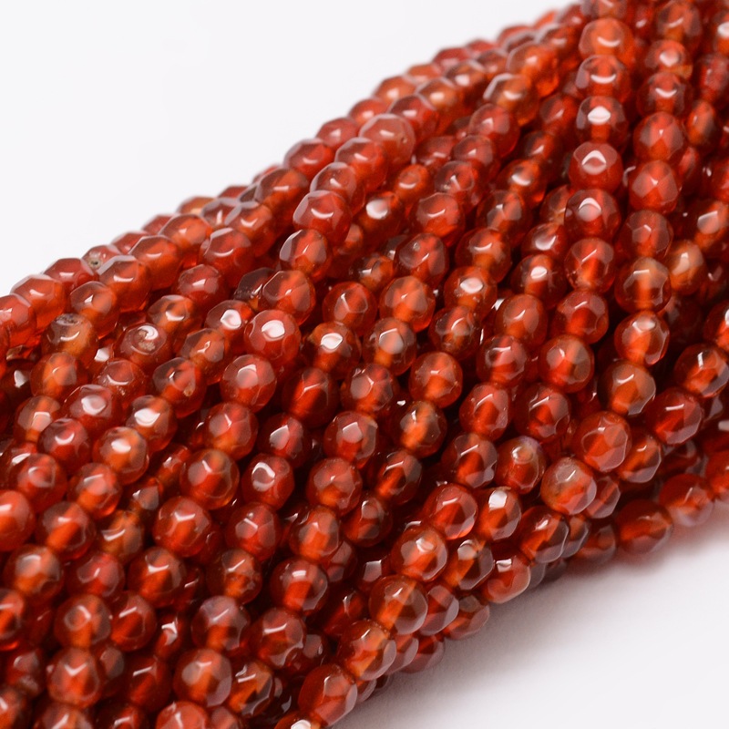 PandaHall Faceted Natural Agate Round Beads Strands, Dyed, OrangeRed, 4mm, Hole: 1mm; about 92pcs/strand, 15.3" Carnelian Round Red