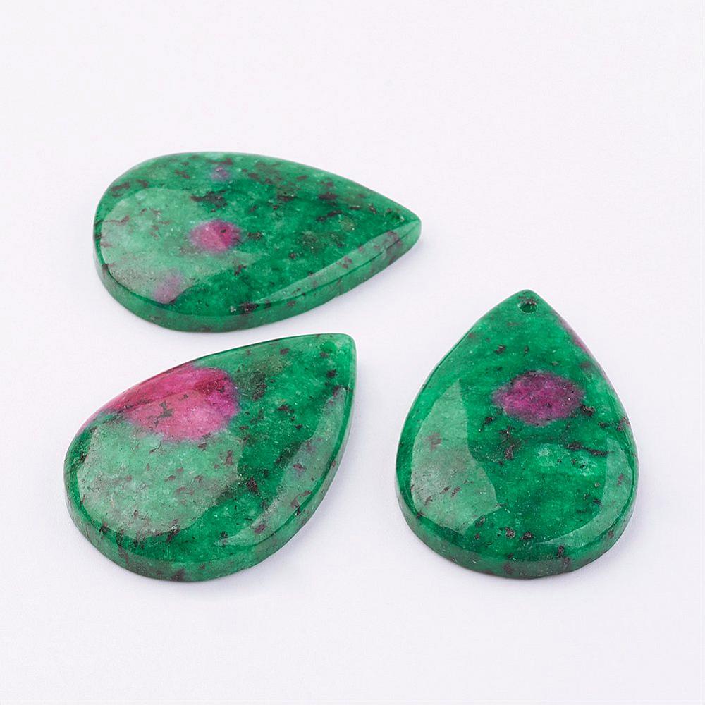 PandaHall Natural Ruby in Zoisite Pendants, Drop, 41~43x28.5x6~7mm, Hole: 2mm Ruby in Zoisite Drop Green