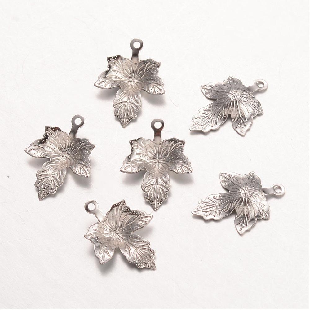 PandaHall 316 Stainless Steel Pendants, Maple Leaf, Stainless Steel Color, 15.5x11x2mm, Hole: 2mm Stainless Steel Leaf