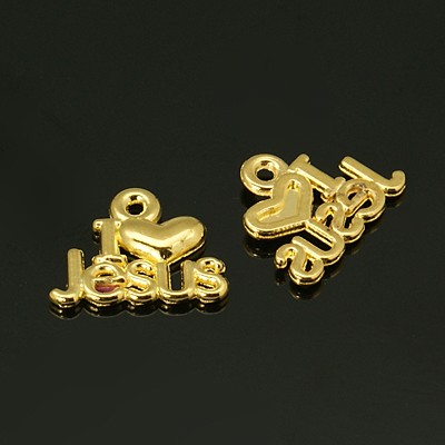 PandaHall Alloy Charms, I love Jesus, Golden, 15x13x2mm, Hole: 2mm Alloy Heart
