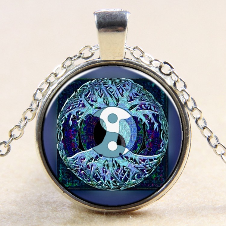 PandaHall Yin Yang with Tree of Life Pattern Flat Round Glass Pendant Necklaces, with Alloy Chains, Silver, 18" Glass