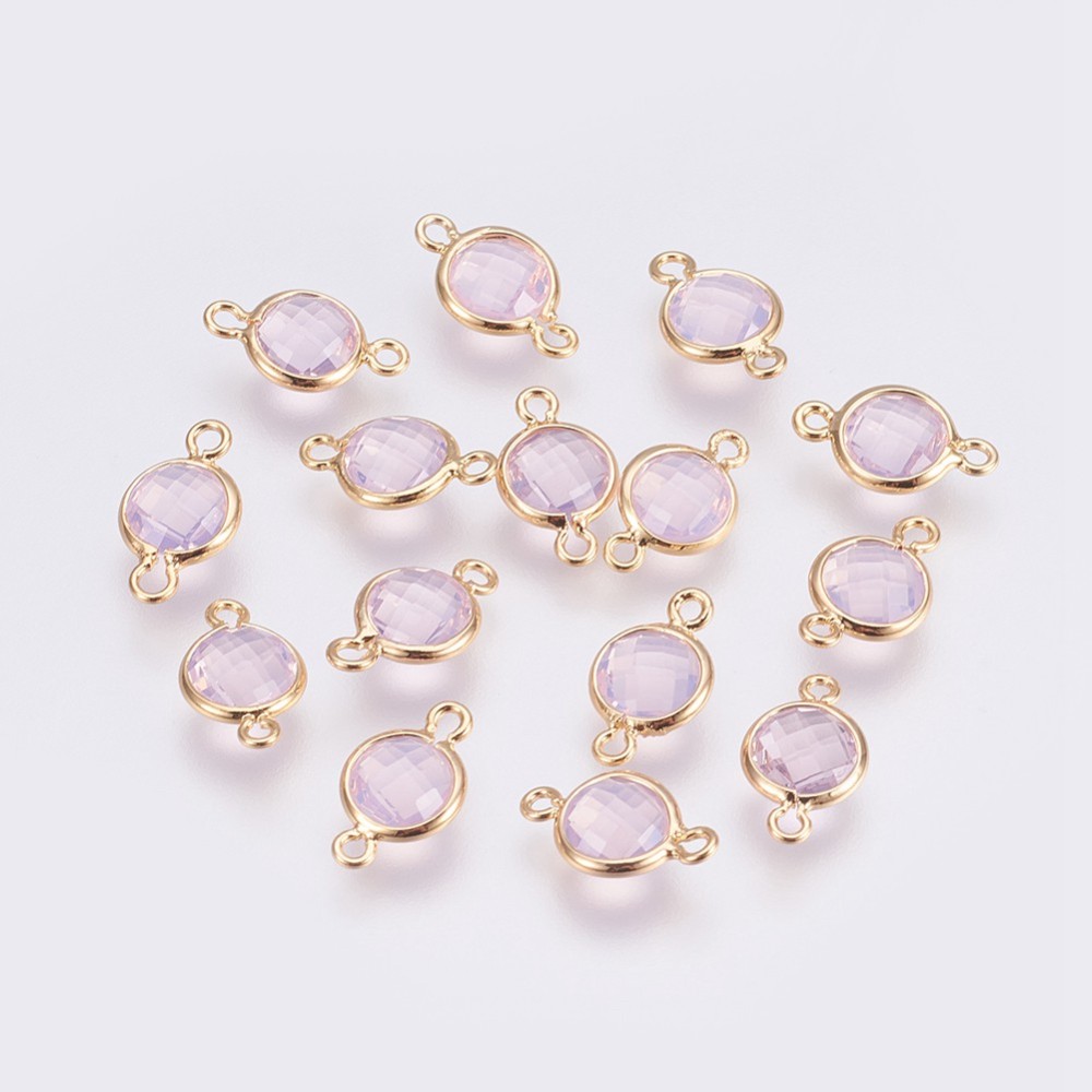 PandaHall Brass Links, Real Gold Plated, Long-Lasting Plated, with Faceted Glass, Flat Round, Nickel Free, Pink, 12x7x3mm, Hole: 1.2mm Brass...