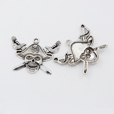 PandaHall Tibetan Style Pendants, Lead Free, Pirate Style Skull, Antique Silver, 43x34x5mm, Hole: 3mm Alloy Skull