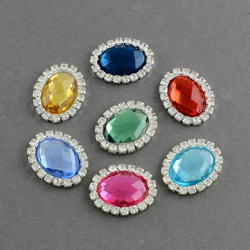 PandaHall Shining Flat Back Faceted Oval Acrylic Rhinestone Cabochons, with Grade A Crystal Rhinestones and Brass Cabochon Settings, Silver...