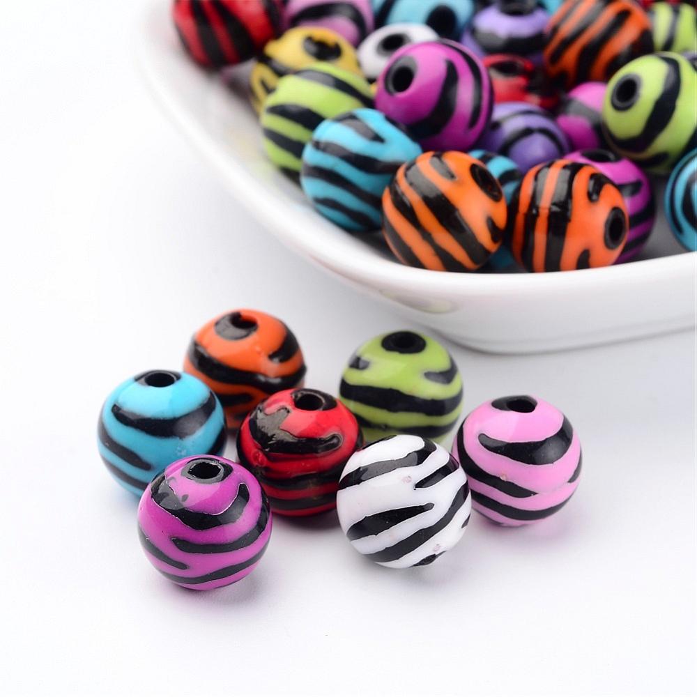PandaHall Opaque Acrylic Beads, Zebra Striped Style, Round, Mixed Color, 11mm, Hole: 2.5mm; about 588pcs/500g Acrylic Round Multicolor