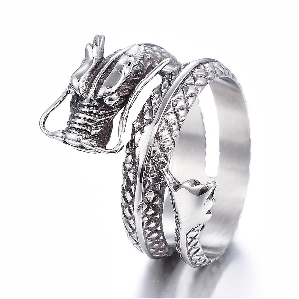PandaHall 316 Stainless Steel Wide Band Rings, Dragon, Antique Silver, 17~22mm Stainless Steel
