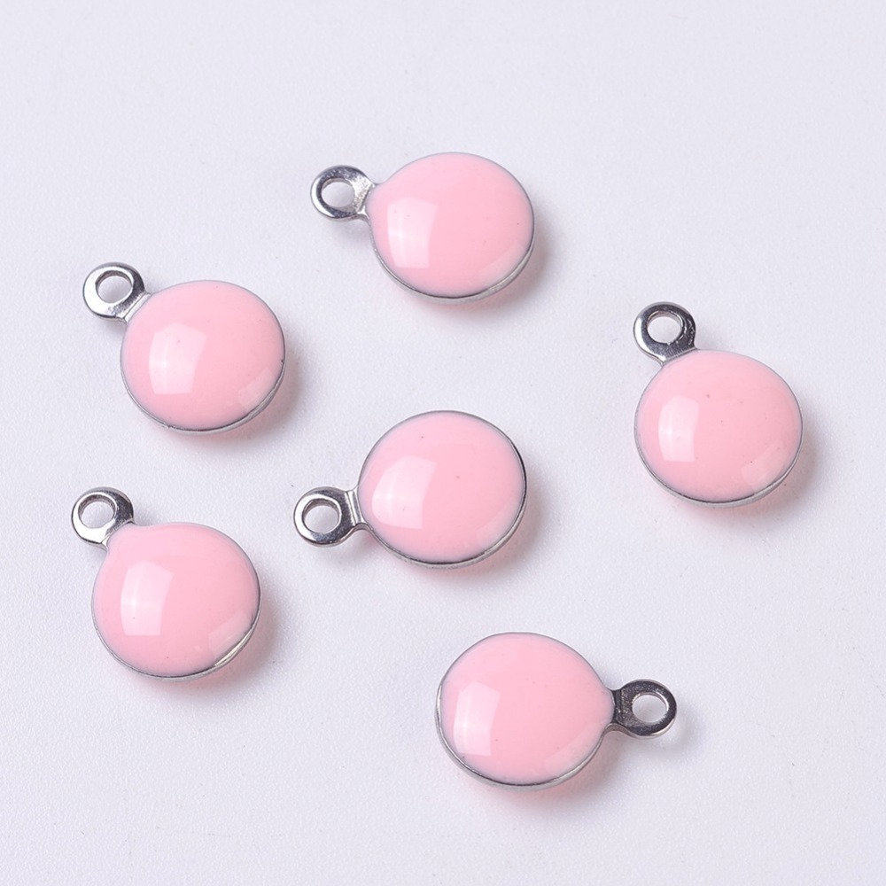PandaHall Stainless Steel Enamel Charms, Flat Round, Pink, 11x8x3mm, Hole: 1mm Stainless Steel+Enamel Flat Round Pink