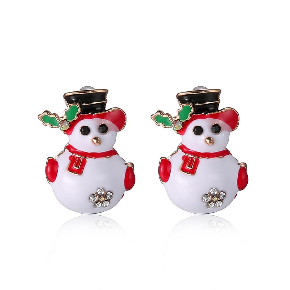 PandaHall Lovely Christmas Snowman Alloy Rhinestone Enamel Stud Earrings, Golden, 22x15mm Rhinestone