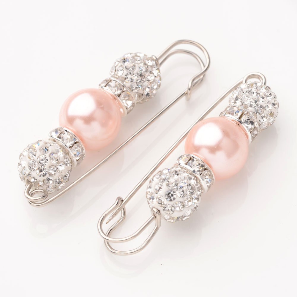 PandaHall Valentines Day Gifts for Her Rhinestone Clay Brooches, with Brass Findings, Glass Imitated Shell Beads and Iron Pin, Grade A, Pink...