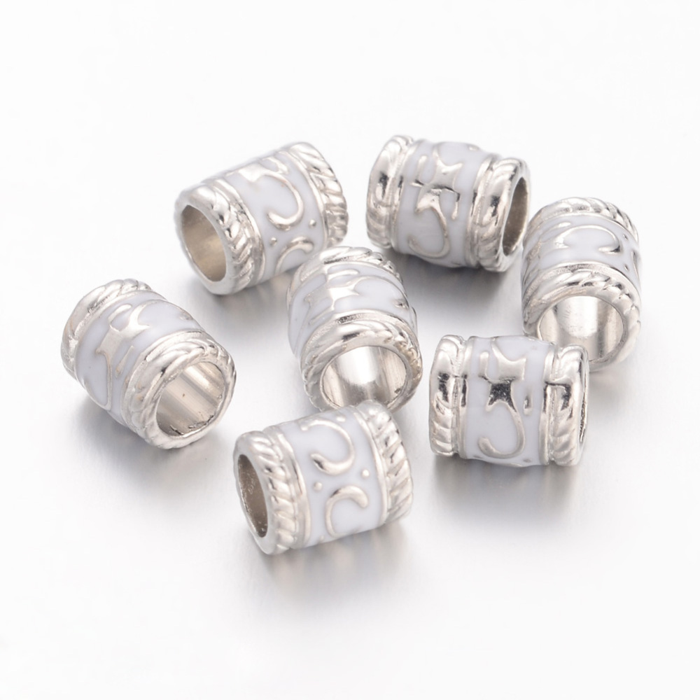 PandaHall Enamel Alloy European Beads, Large Hole Column Beads, Platinum Color, White, about 7mm wide, 8.5mm long, hole: 5mm Alloy+Enamel...