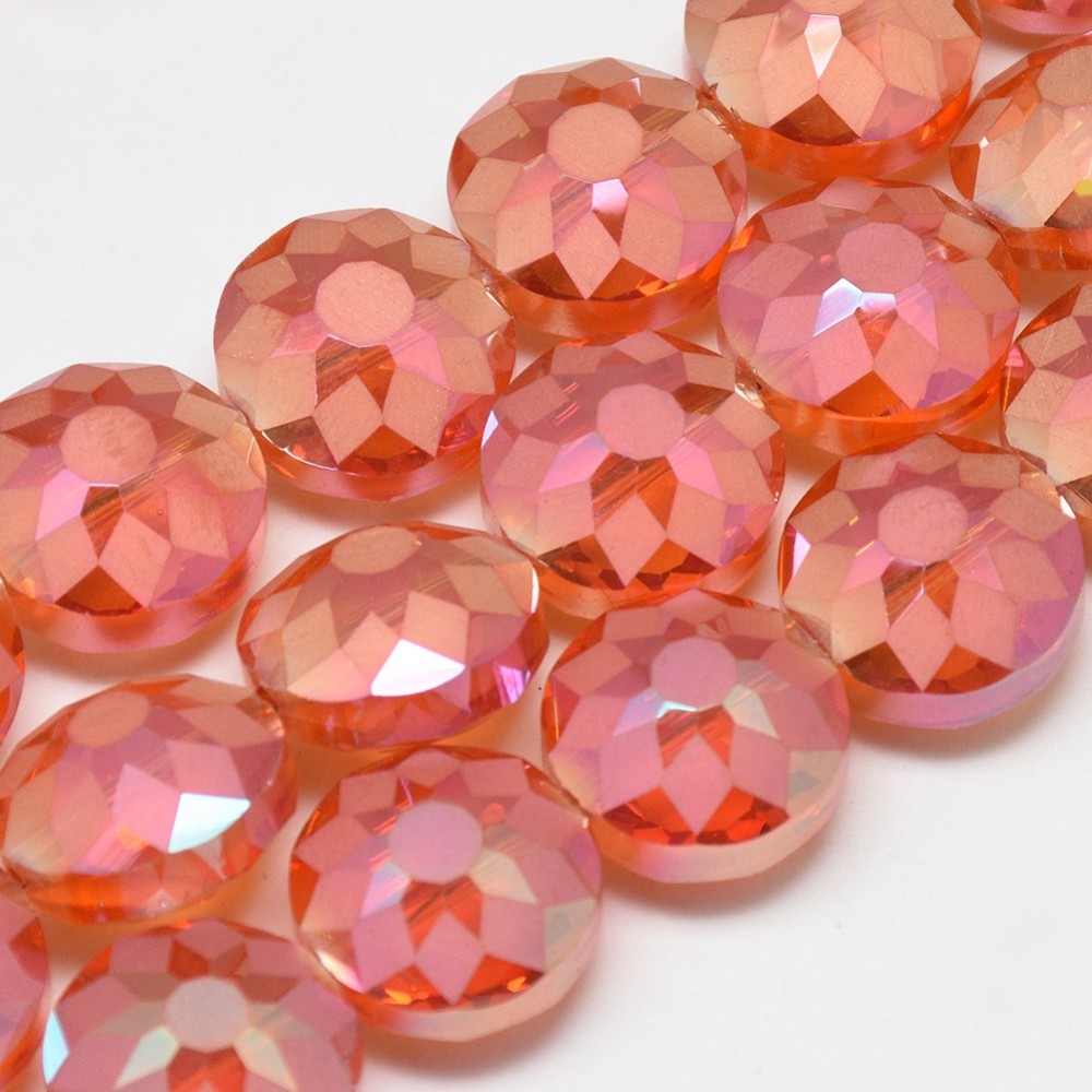 PandaHall Electroplate Glass Beads Strands, Rainbow Plated, Faceted, Flat Round, Tomato, 14x10mm, Hole: 1.5mm; about 50pcs/strand, 26.77"...
