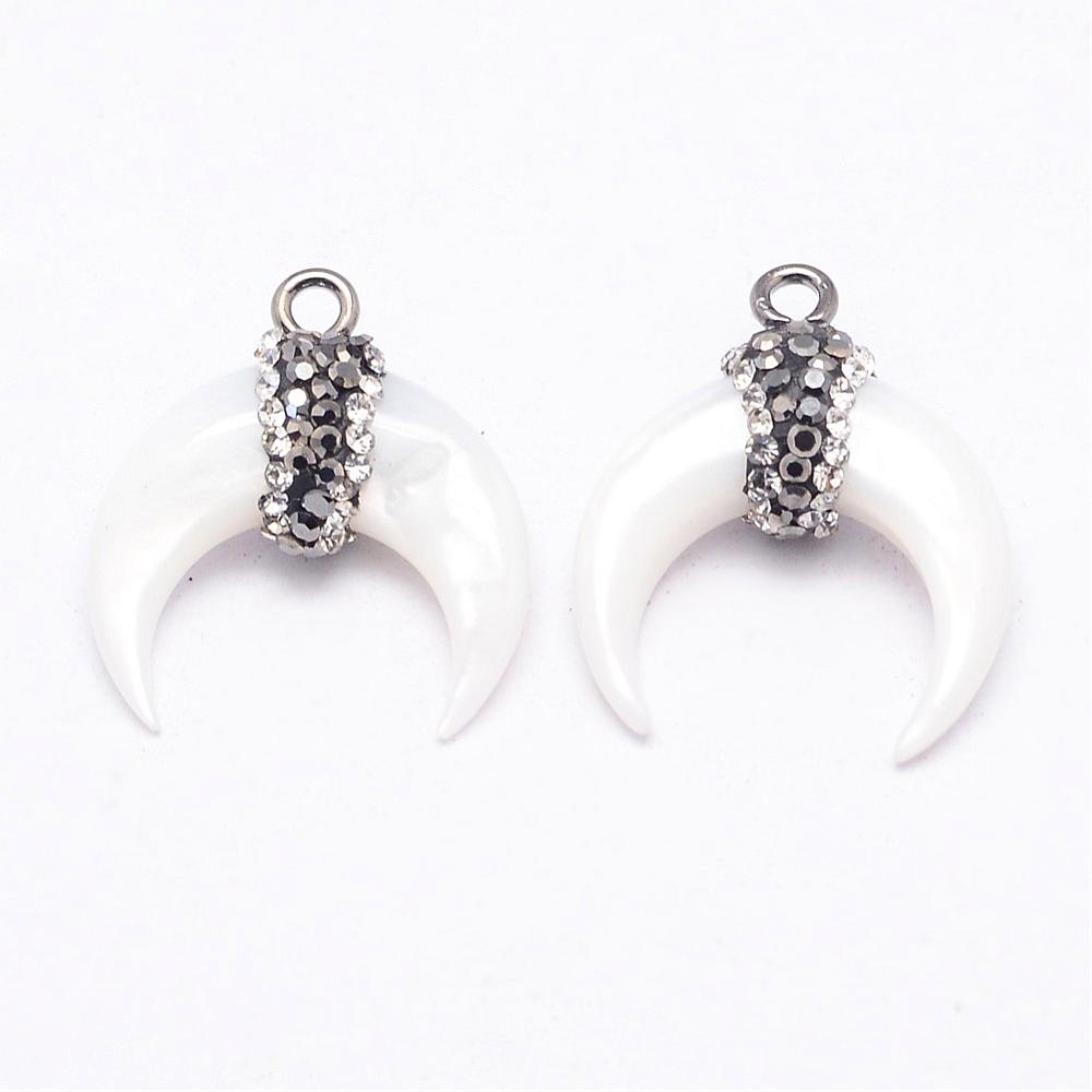 PandaHall White Shell Pendants, with Rhinestone and Brass Finding, Double Horn/Crescent Moon, Platinum, 28mm, Hole: 2mm White Shell Moon