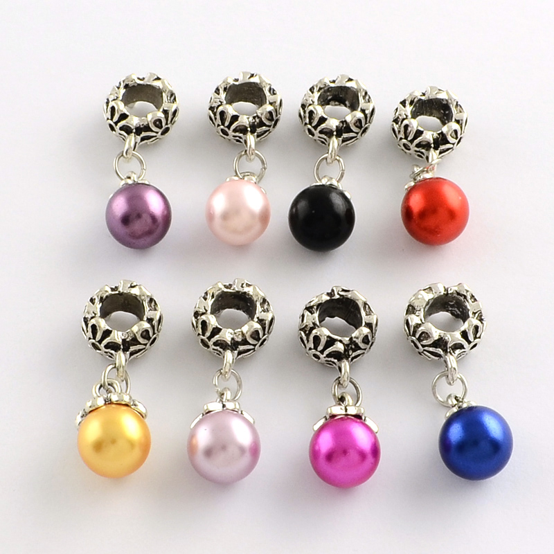 PandaHall Alloy European Dangle Beads, with Round ABS Plastic Imitation Pearl Beads, Antique Silver, Mixed Color, 31mm, Hole: 6mm ABS...