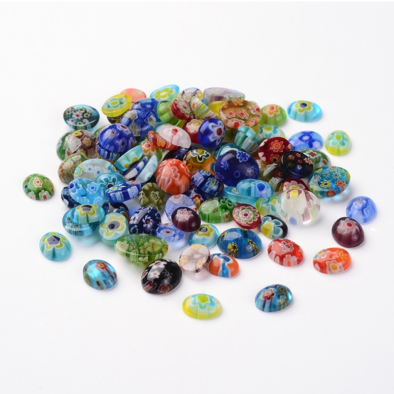 PandaHall Oval Millefiori Glass Cabochons, Mixed Color, 10~12x8~10x2~5mm; about 200g/bag Millefiori Lampwork Oval Multicolor