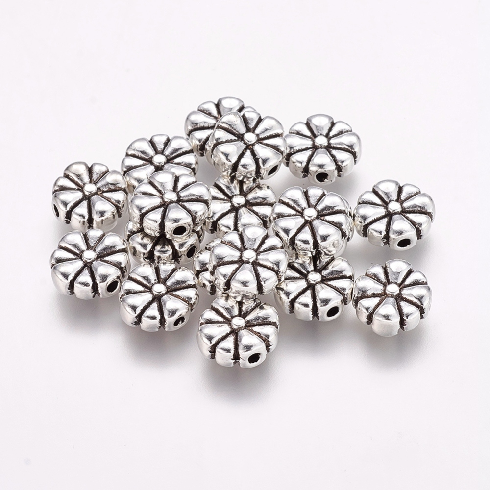 PandaHall Tibetan Silver Beads, Flower, Antique Silver, 10x9x3.5mm, Hole: 1mm, Lead Free & Cadmium Free Alloy Flower