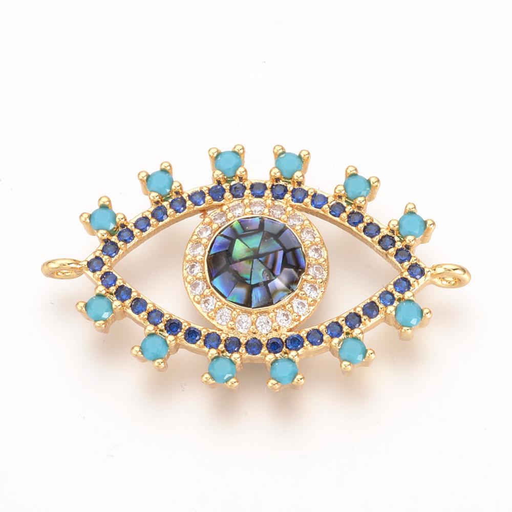 PandaHall Brass Micro Pave Cubic Zirconia Links, with Shell, Eye, Golden, 31x19x4mm, Hole: 1mm Brass+Cubic Zirconia Eye