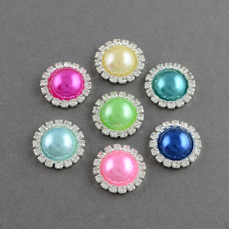 PandaHall Shining Flatback Half Round Brass ABS Plastic Imitation Pearl Cabochons, with Grade A Crystal Rhinestones, Silver Metal Color...