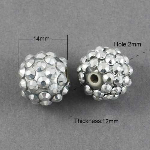 PandaHall 14MM Silver Bling Chunky Resin Rhinestone Ball Beads, 14x12mm, Hole: 2mm Resin+Rhinestone Round Silver