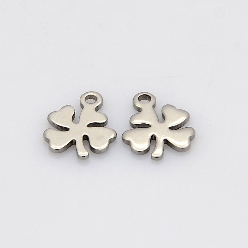 PandaHall Four Leaves Clover 304 Stainless Steel Charms, Stainless Steel Color, 10x8x1mm, Hole: 1mm Stainless Steel Clover