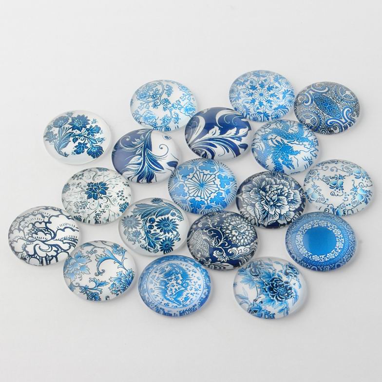 PandaHall Blue and White Floral Printed Glass Cabochons, Half Round/Dome, SteelBlue, 18x5mm Glass Half Round Blue