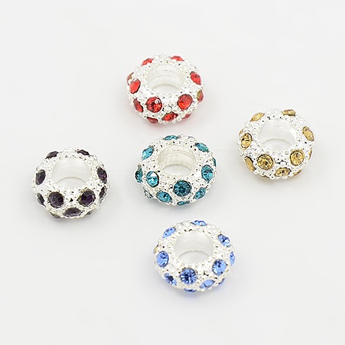 PandaHall Brass European Beads, with Rhinestones, Rondelle, Silver Color, Mixed color, about 11mm wide, 6mm long; Hole: 5mm Rondelle