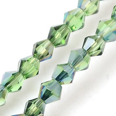 PandaHall Electroplate Glass Beads Strands, Full Plated, Faceted, Bicone, Green, 3x3mm, Hole: 1mm; about 150pcs/strand, 13.8" Bicone Green