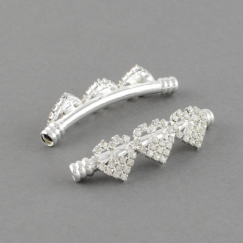 PandaHall Brass Grade A Rhinestone Heart Tube Beads, Silver, Crystal, 49x11x13mm, Hole: 3.5mm Brass+Rhinestone