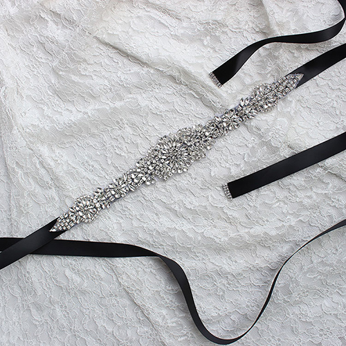 PandaHall Bridal Belt for Wedding Dress, with Glass Rhinestone, Glass Beads and Ribbon, Black, 106.3"(2.7m) Ribbon Black