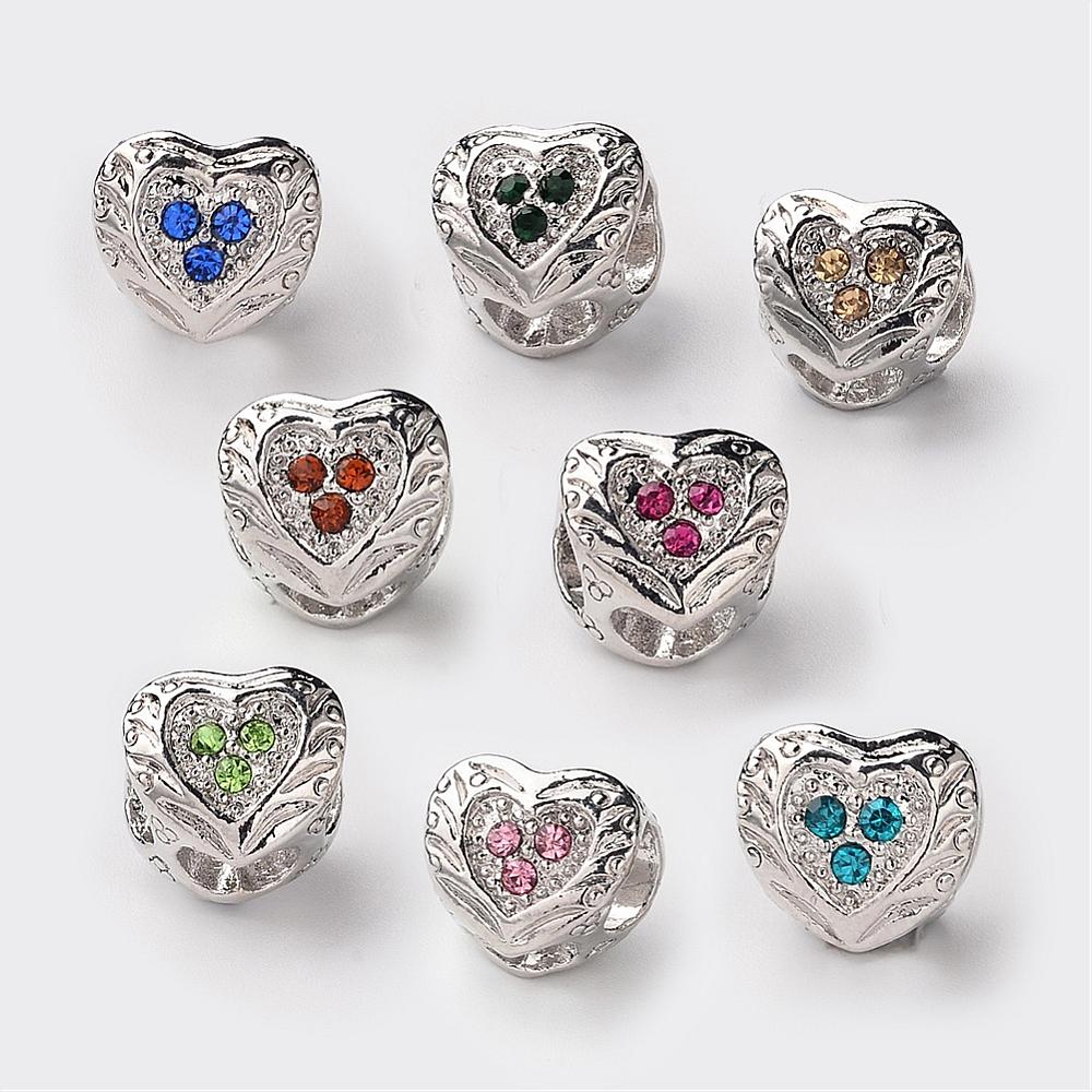 PandaHall Heart Platinum Tone Alloy Rhinestone Beads, Large Hole Beads, Mixed Color, 11x9x9mm, Hole: 5.5mm Alloy+Rhinestone Heart