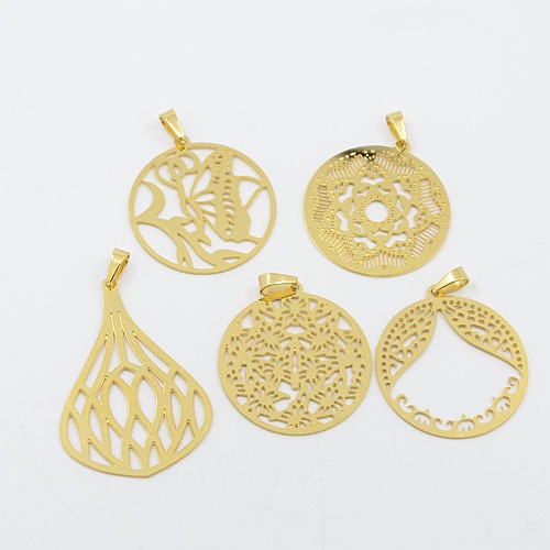 PandaHall 304 Stainless Steel Filigree Pendants, Flat Round and Drop, Golden, 38~49x34~35x1mm, Hole: 7x4mm Stainless Steel Flat Round